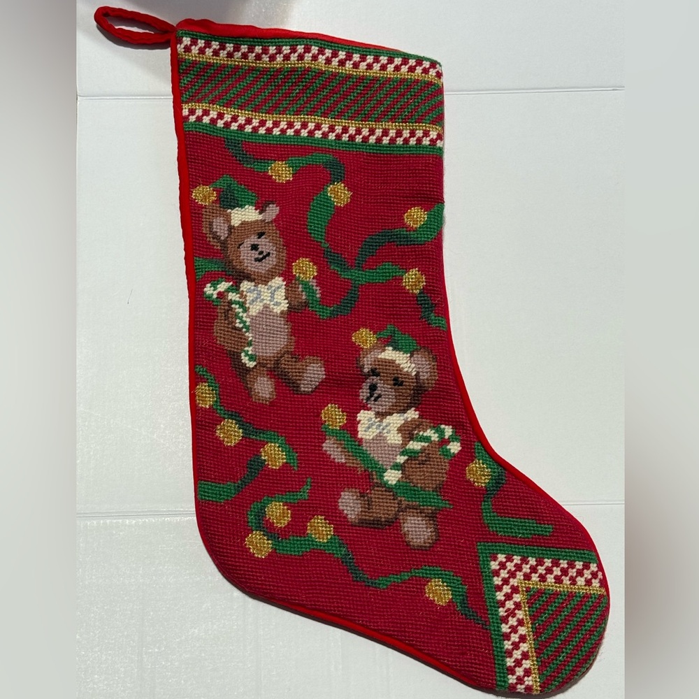 Christmas homemade stocking 100% wool/cotton bears, bells, and ribbons